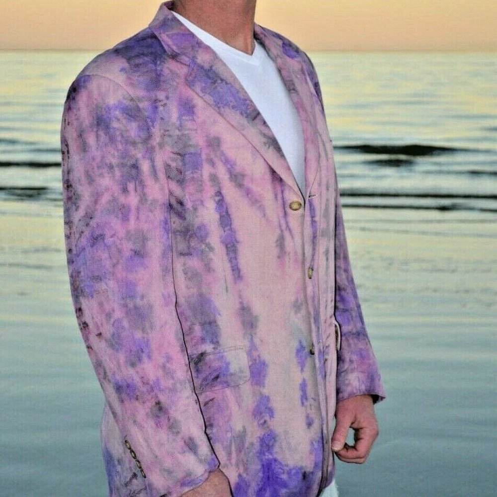 Summer resortwear Silk Linen Suit Coat blazer Pink gray white purple tiedye 42 L